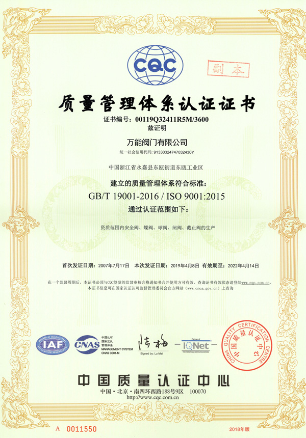 ISO9001质量管理体系认证证书A（中文）